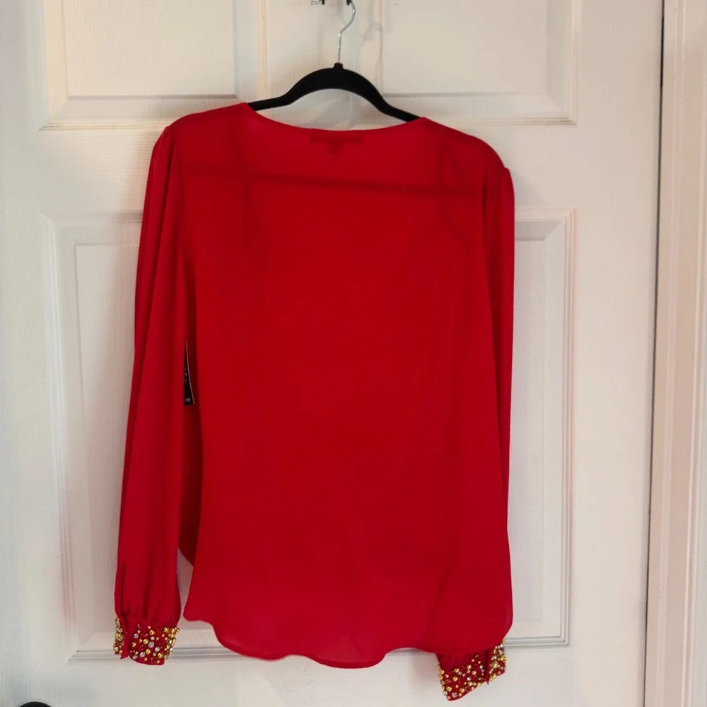 Boston Proper Wrap Blouse Womens Large Red New Embellished Cuff V-Neck Top - Picture 2 of 8